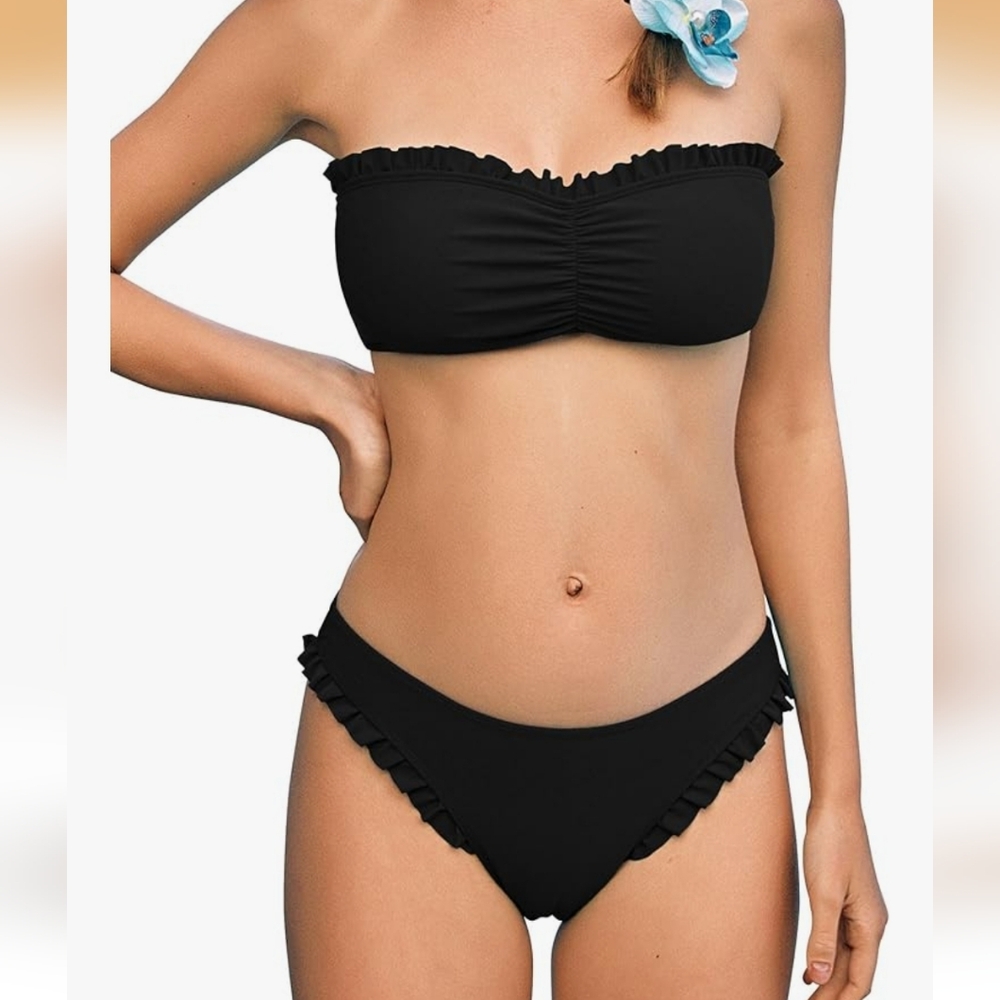 Nwt ZAFUL 2pc. Bikini Textured Strapless Color Block Bandeau Swimsuit.